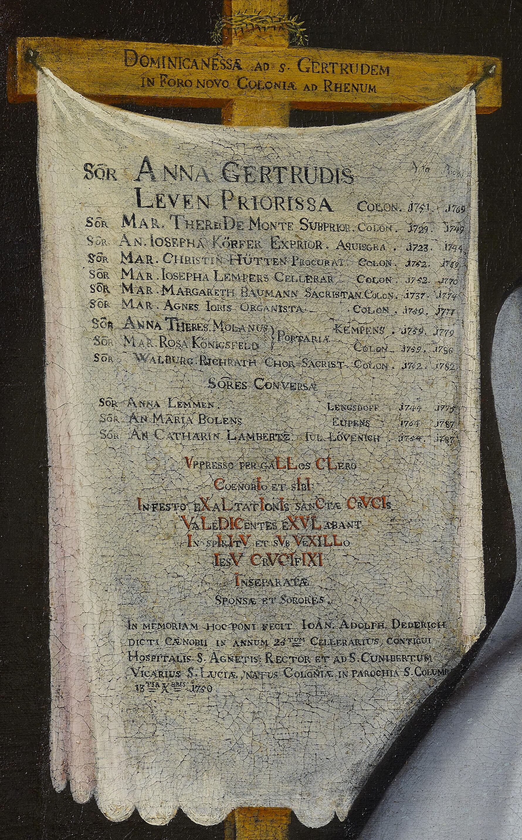 Porträt der Priorin Anna Gertrud Levens, Detailanschicht: Banner mit Pseudo-Chronogramm