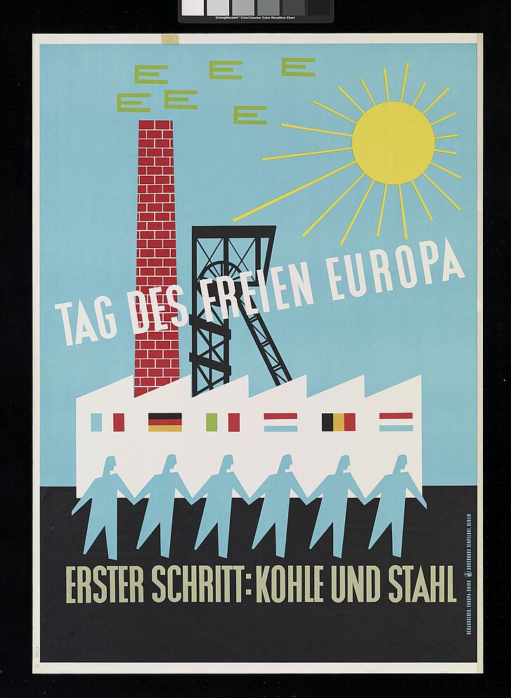 Plakat mit Menschenfiguren, Flaggen, einer Fabrik und Text.