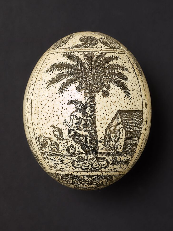 Engraved ostrich egg with motifs from Jan van Linschoten’s Itinerario (1594–1596), Netherlands, ca. 1600/1620 