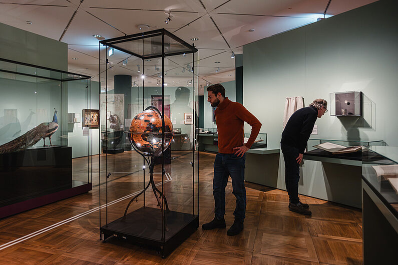 In der Ausstellung „Natur und deutsche Geschichte. Glaube – Biologie – Macht” Menschen stehen in einer Ausstellung