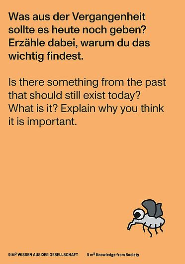 Orangefarbene Aktivierungskarte mit der Frage: „Was aus der Vergangenheit sollte es heute noch geben? Erzähle dabei, warum du das wichtig findest.“ Unten rechts stilisierte Fliegen-Illustration.
