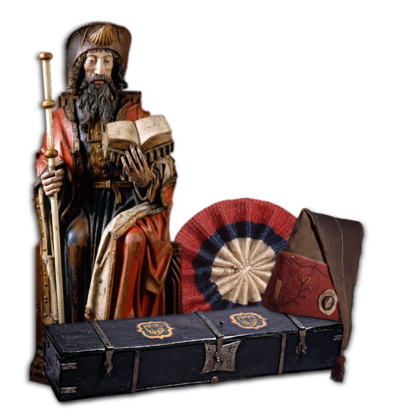 Skulptur von Jakobus dem Älteren mit verschiedenen Objekten vor ihm, wie einer blauen Holzkiste.