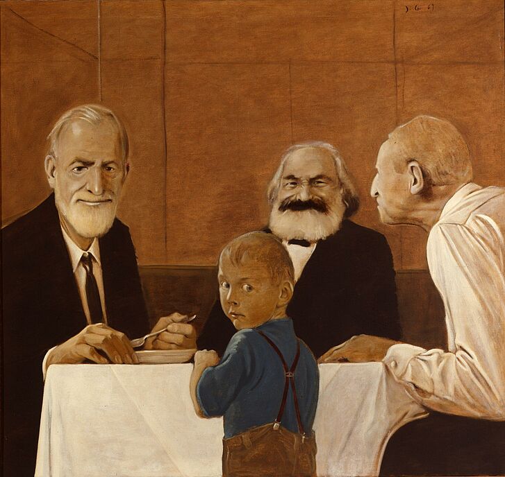 Gemälde von Sigmund Freud, Karl Marx, Herbert Marcuse und Julius Grützke, die an einem Tisch sitzen.