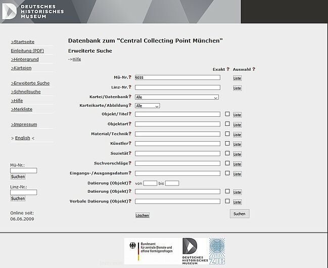 Suchmaske der Datenbank zum Central Collecting Point München © DHM 