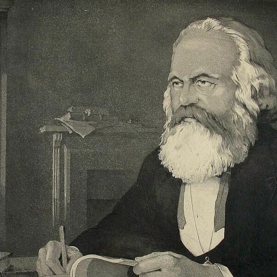 Porträt von Karl Marx an seinem Schreibtisch von 1953.