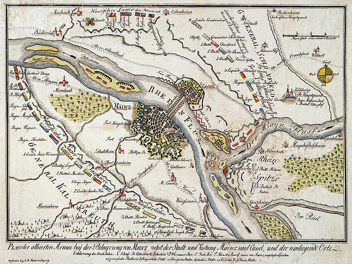 Plan der alliierten Armee bei der Belagerung von Mainz nebst der Stadt und Festung Mainz und Cassel. Leipzig: J.B. Klein (1793), 1793.  Von April bis Juli 1793 verteidigten französische Soldaten Mainz. Mit dem Sieg der alliierten deutschen Truppen ging nach neun Monaten auch das Experiment, der Mainzer Republik zu Ende. (Inv.Nr. Do 94/50)