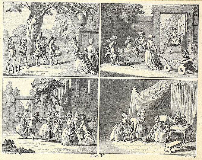 Tafel V aus Johann Bernhard Basedows „Elementarwerk“ (1774): Kupferstich mit vier Szenen mit Kindern – Kegel- und Ballspiel im Park; Spielzeug vor Gebäude; Tanz im Freien; Mädchen, die häusliche Szene mit Puppen nachspielen.