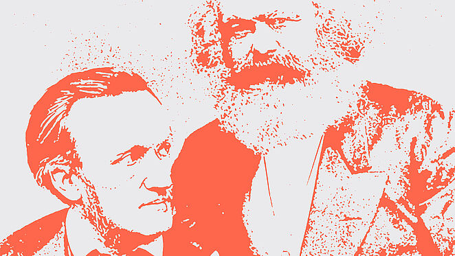 Illustration von Karl Marx und Richard Wagner in orange und grau.