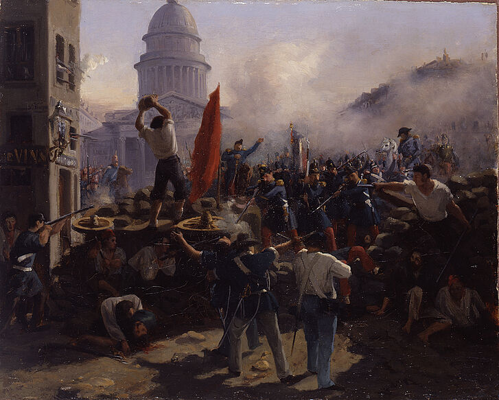 Gemälde „Barrikadenkampf in der Rue Sou ffl ot in Paris am 25. Juni 1848“ Gemälde „Barrikadenkampf in der Rue Sou ffl ot in Paris am 25. Juni 1848“