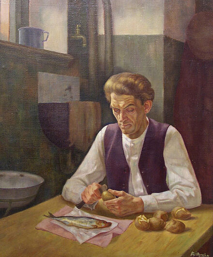 Alfred Fritzsche, In der Kellerwohnung, 1932. Alfred Fritzsche, In der Kellerwohnung, 1932. In einem kargen Raum bereitet der Mann seine Arme-Leute-Mahlzeit zu. Mit öffentlich gefördertem Wohnungsbau versuchten die Großstädte dem sozialen Elend in den überbelegten Mietskasernen zu begegnen. (Inv.Nr. Kg 77/19)