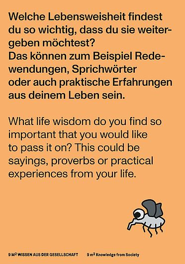 Orangefarbene Aktivierungskarte mit der Frage: „Welche Lebensweisheit findest du so wichtig, dass du sie weitergeben möchtest? Das können zum Beispiel Redewendungen, Sprichwörter oder auch praktische Erfahrungen aus deinem Leben sein.“ Unten rechts stilisierte Fliegen-Illustration.