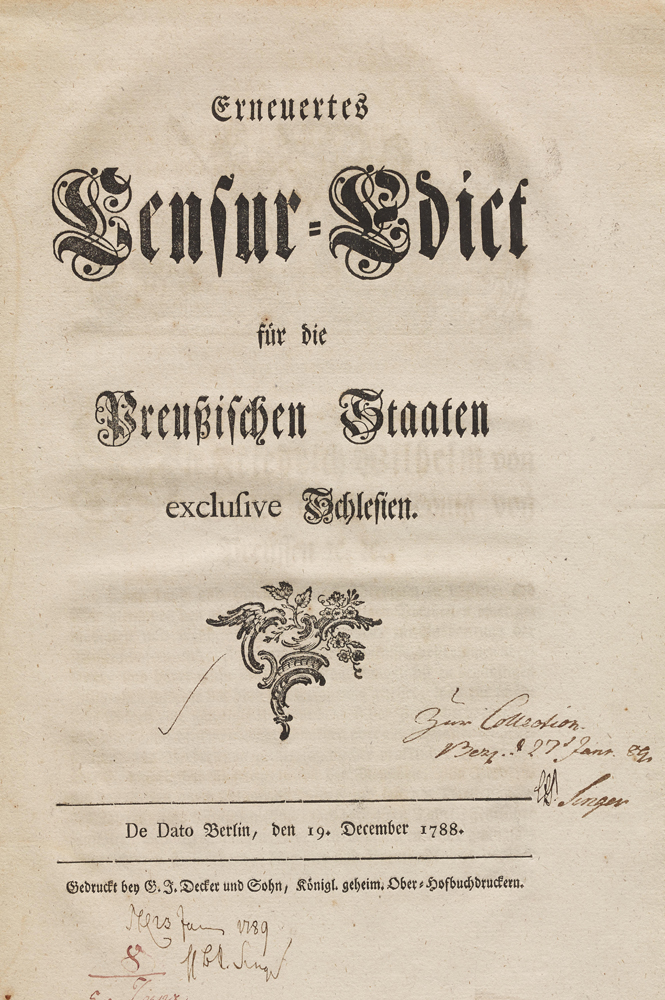 Zensuredikt für das Königreich Preußen, 19. Dezember 1788 © DHM