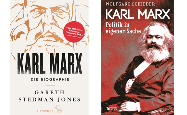 Links: "Karl Marx. Die Biographie", Gareth Stedman Jones, S. Fischer 2017 (Signatur: 17/1898); Rechts: "Karl Marx. Politik in eigener Sache", Wolfgang Schieder, Theiss 2018 (in Erwerbung)