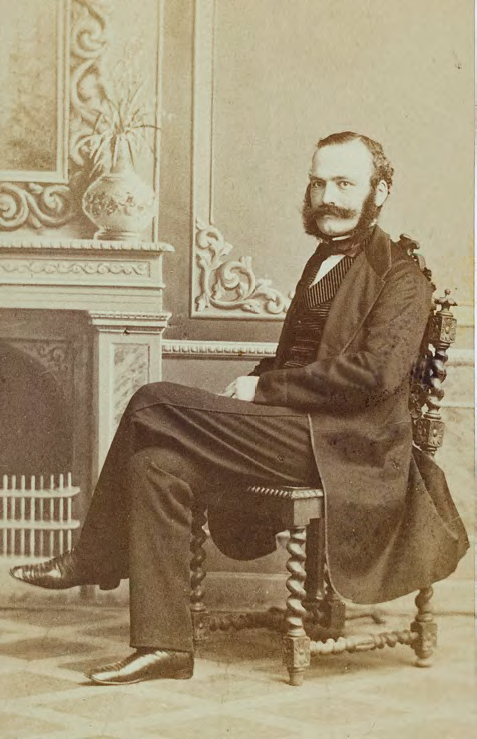 Privy councillor Franz von Mendelssohn the Elder (1829–1889), owner and lender of the painting "Borussia" for an exhibition celebrating Menzel’s 70th birthday in the Berlin Royal Academy of the Arts, Royal court photographers H. Lehmann & Co., Berlin, ca. 1865/1870, Albumen print, cardboard, Berlin © private collection
