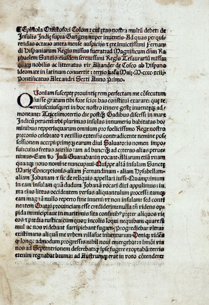 Epistola de insulis nuper inventis: Brief des Christoph Kolumbus an Luis de Santángel, Verwalter der Privatschatulle Ferdinands von Spanien, nach dem 23.4.1493, Inv. Nr. R 53/2894, © DHM