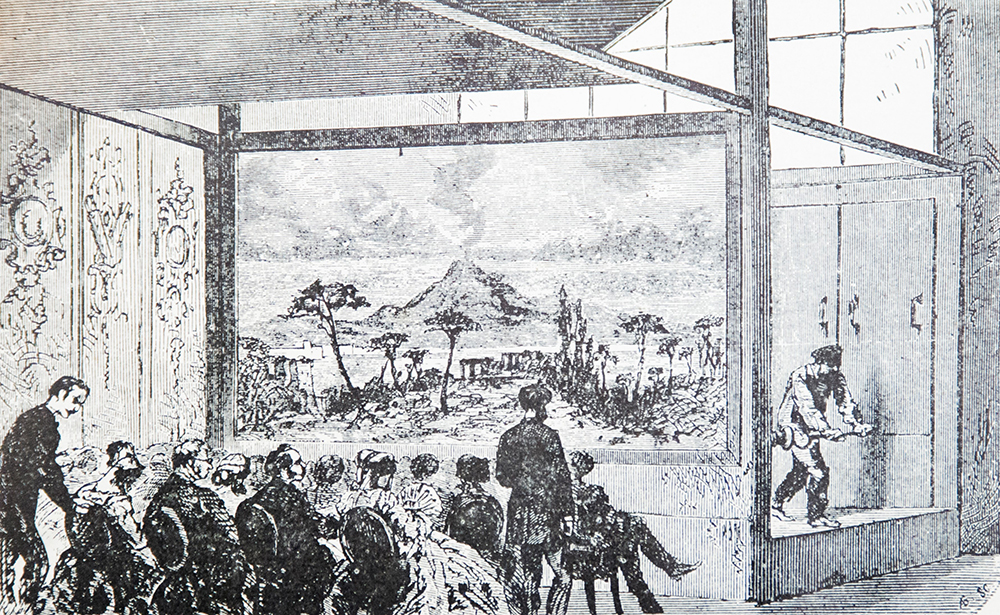 Daguerres Diorama, Vorführung einer Ansicht vom Vesuv, Holzschnitt, um 1825