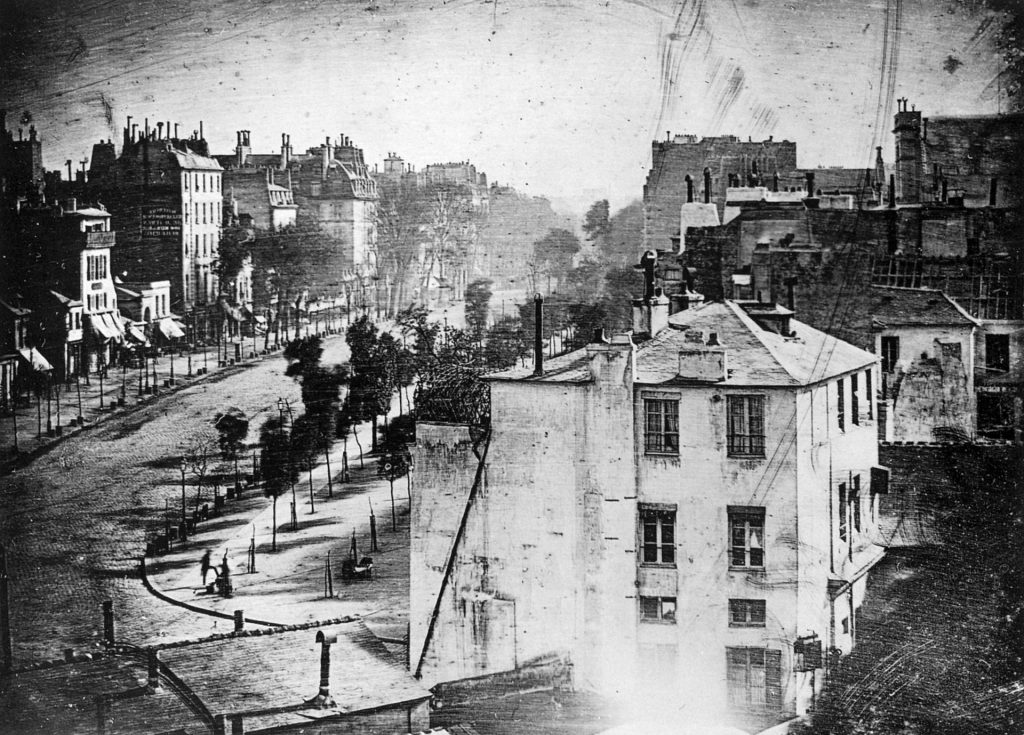 View of a street in Paris (Boulevard du Temple), Daguerreotype by Louis Daguerre, taken from the window of his studio, 1838 