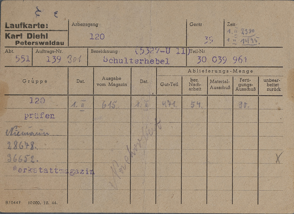 Karteikarte der Diehl GmbH, Werk Peterswaldau, zur Dokumentation der Herstellung von Zeitzündern, 1944/45 © Privatbesitz Sheindi Miller-Ehrenwald, Jerusalem.