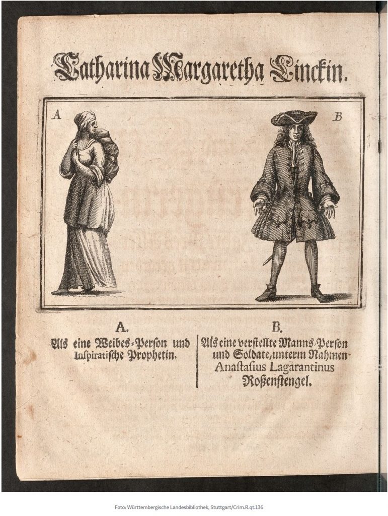 Abbildung zum Crossdressing von Catharina Margaretha Linck aus der anonym verfassten Schmähschrift „Umständliche und wahrhaffte Beschreibung einer Land- und Leute-Betrügerin“, die 1720 während des Prozesses in Halberstadt erschien. © Württembergische Landesbibliothek