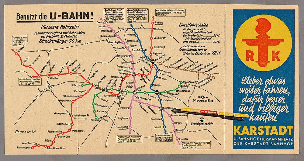 Werbefaltblatt für das Kaufhaus Karstadt am Hermannplatz, mit Liniennetzplan der Berliner U-Bahn, 1930, Inv.-Nr. Do2 2007/669 © DHM