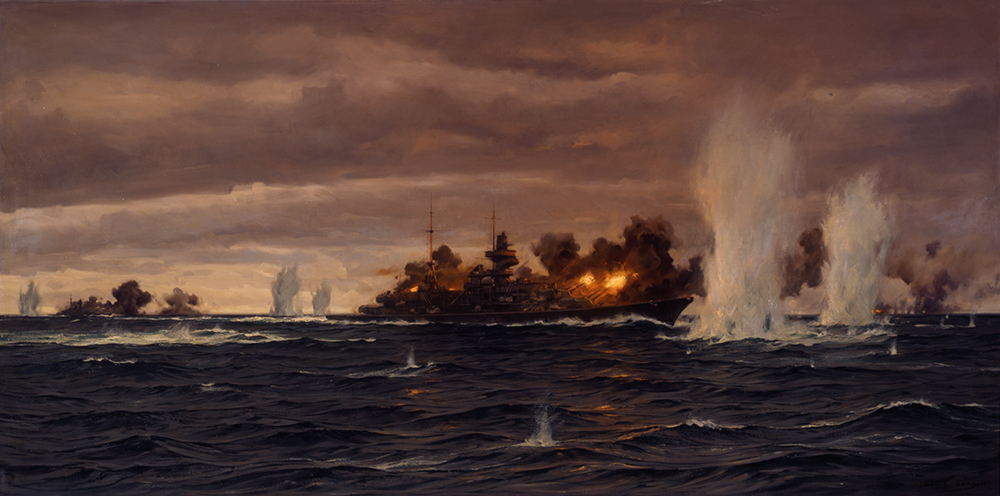 Schwerer Kreuzer „Prinz Eugen“ im Gefecht in der Dänemarkstraße, 1944, Öl auf Leinwand, 150 x 300 cm, Berlin, Deutsches Historisches Museum, Inventar Nr. Gm 98/73