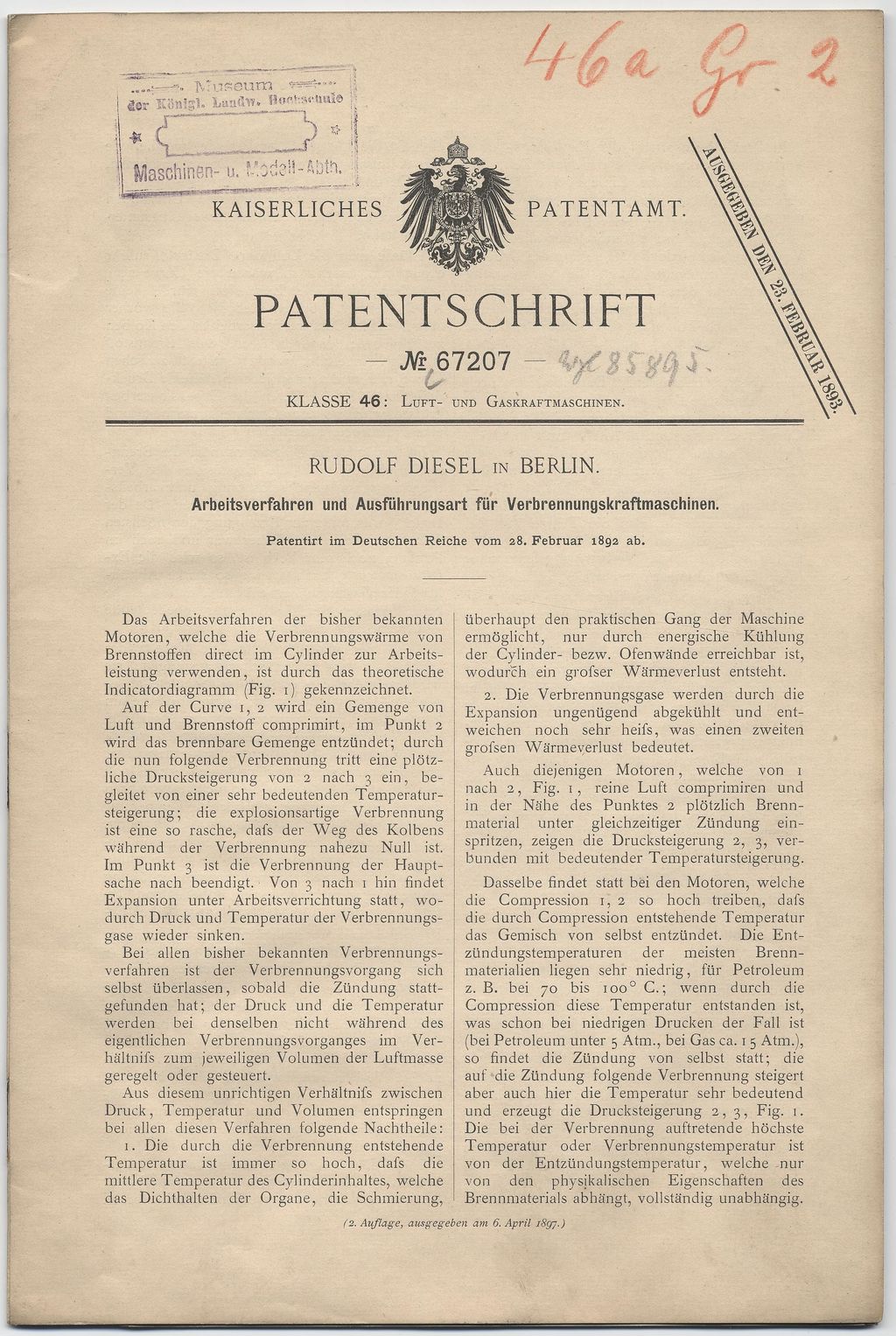Druckgut: Patentschrift von Rudolf Diesel, 1893