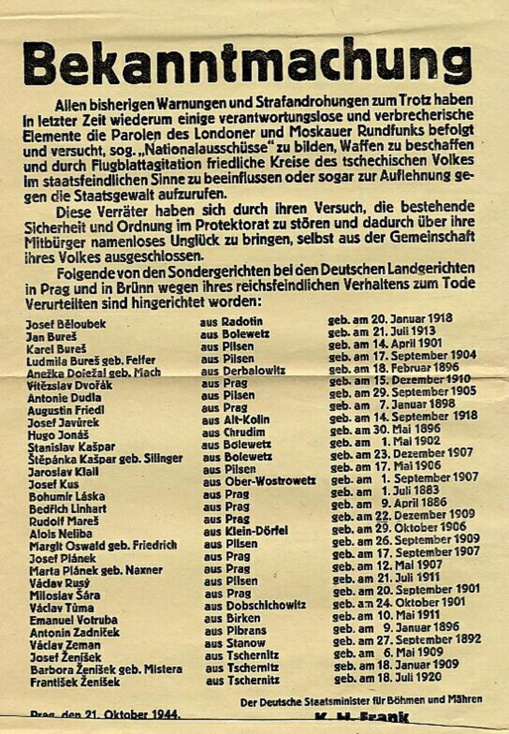 Exponat: Plakat: Auflistung hingerichteter Personen, 1944