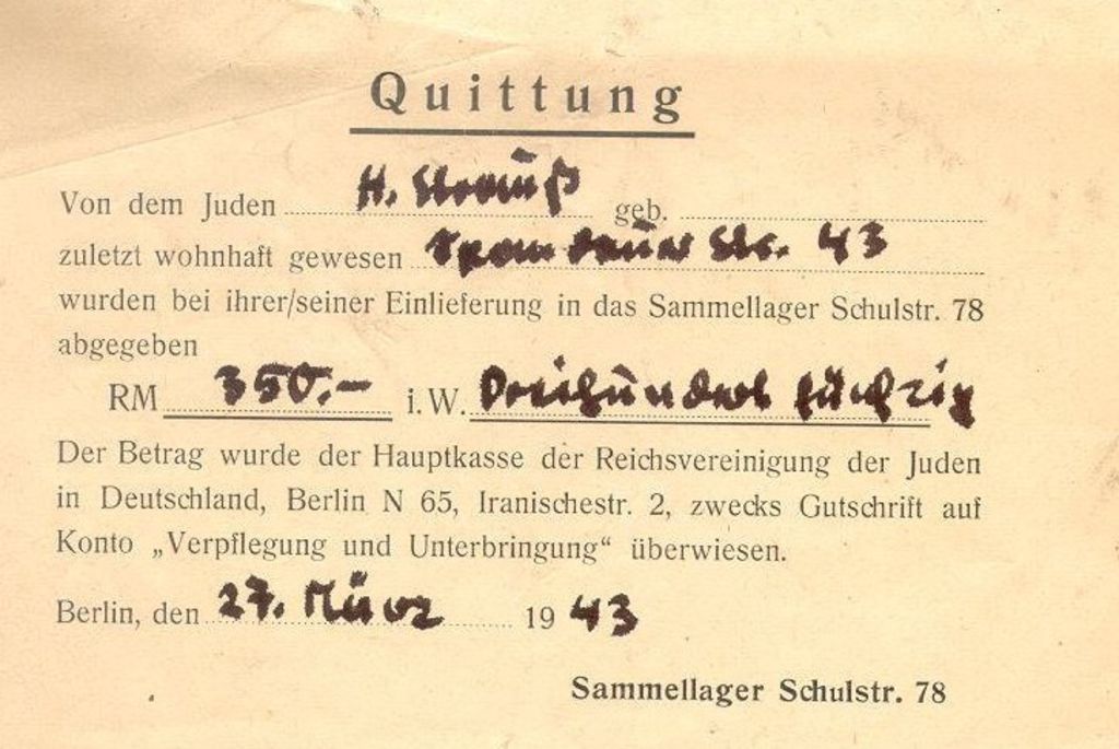 Exponat: Quittung an die Reichsvereinigung der Juden in Deutschland, 1943