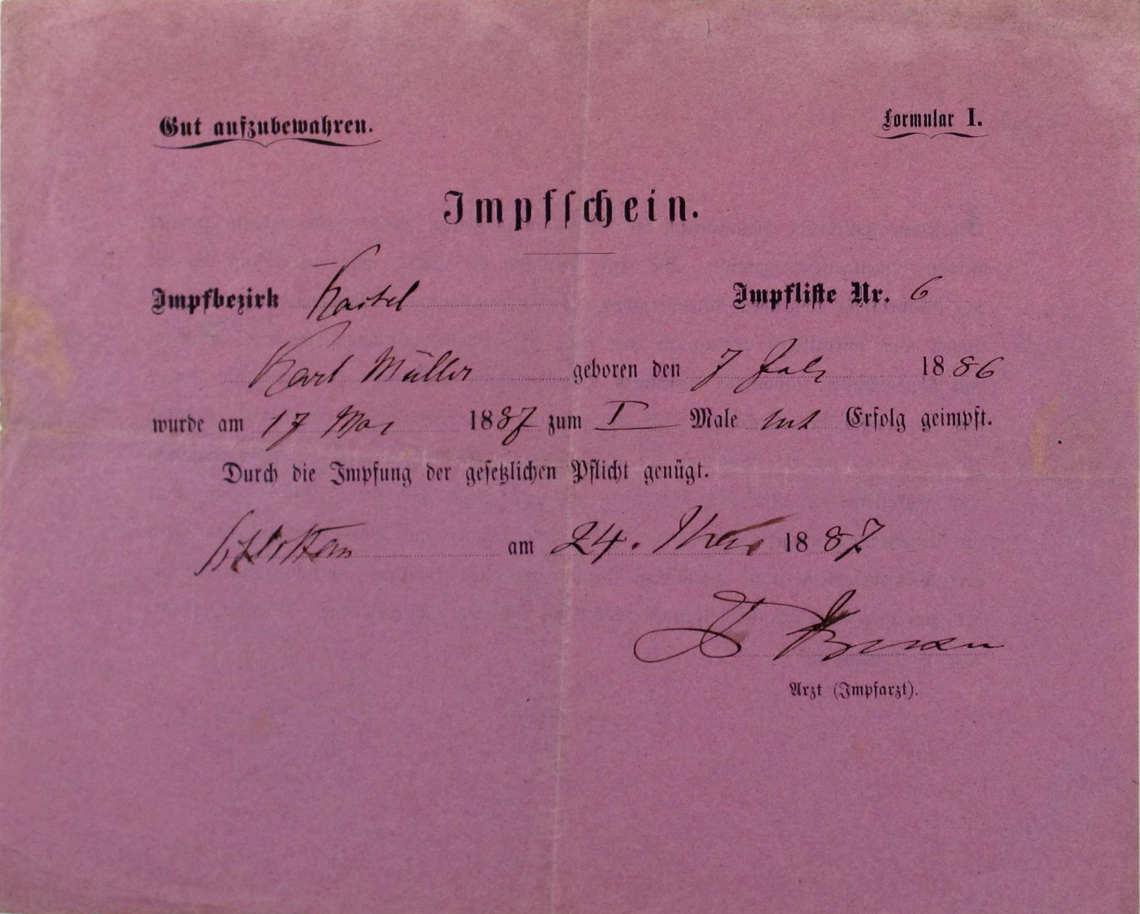 Dokument: Impfschein für die Pockenschutzimpfung, 1887