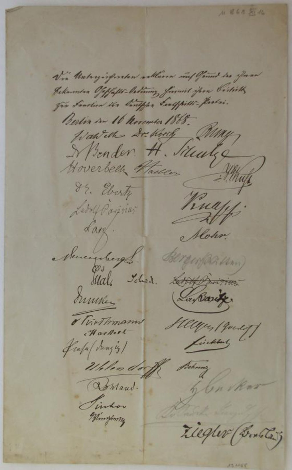 Exponat: Dokument: Beitrittserklärung zur Fraktion der Deutschen Fortschrittspartei, 1868