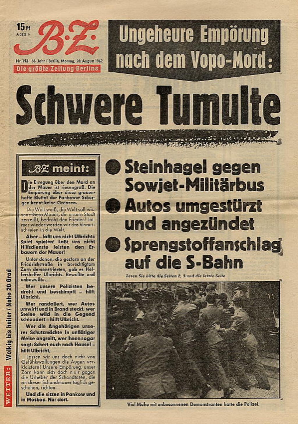 Druckgut: "BZ" zu antisowjetischen Ausschreitungen nach der Tötung Peter Fechters, 1962