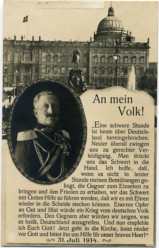 Postkarte mit Rede Wilhelms II. zum Kriegsbeginn, 1914