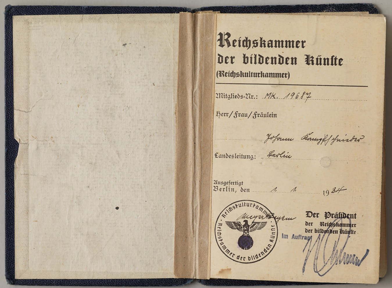 [Mitgliedsausweis Reichskammer Künste, 1934]