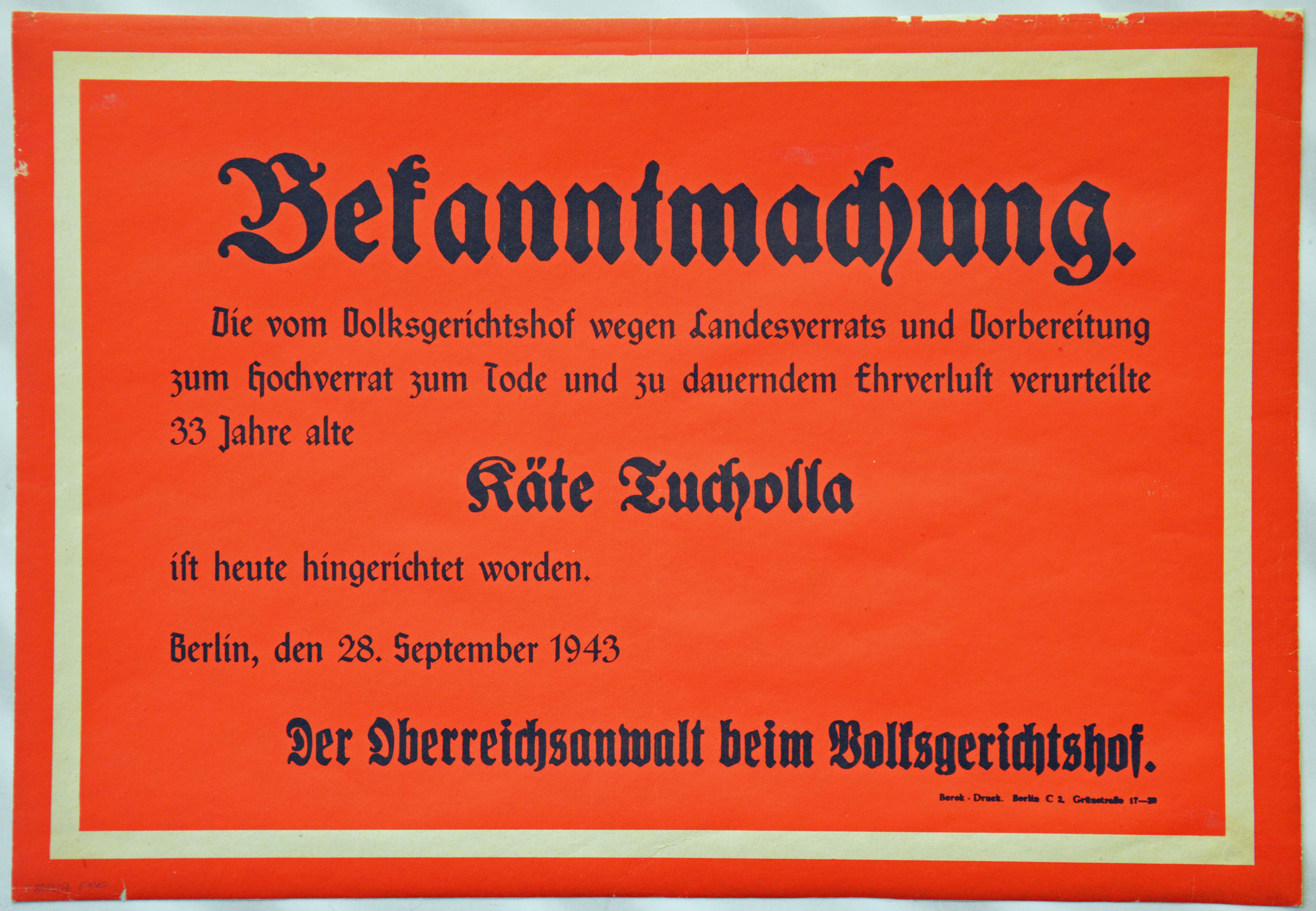 [Plakat: Bekanntmachung der Vollstreckung eines Todesurteils des Volksgerichtshofes, 1943]