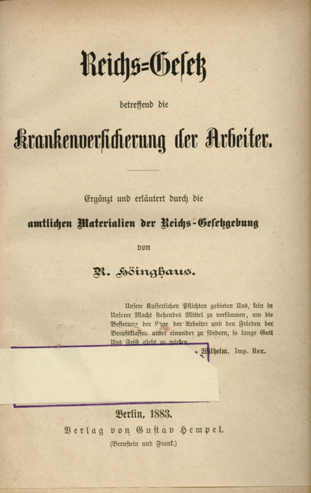 Druckgut: Krankenversicherung für Arbeiter, 1883