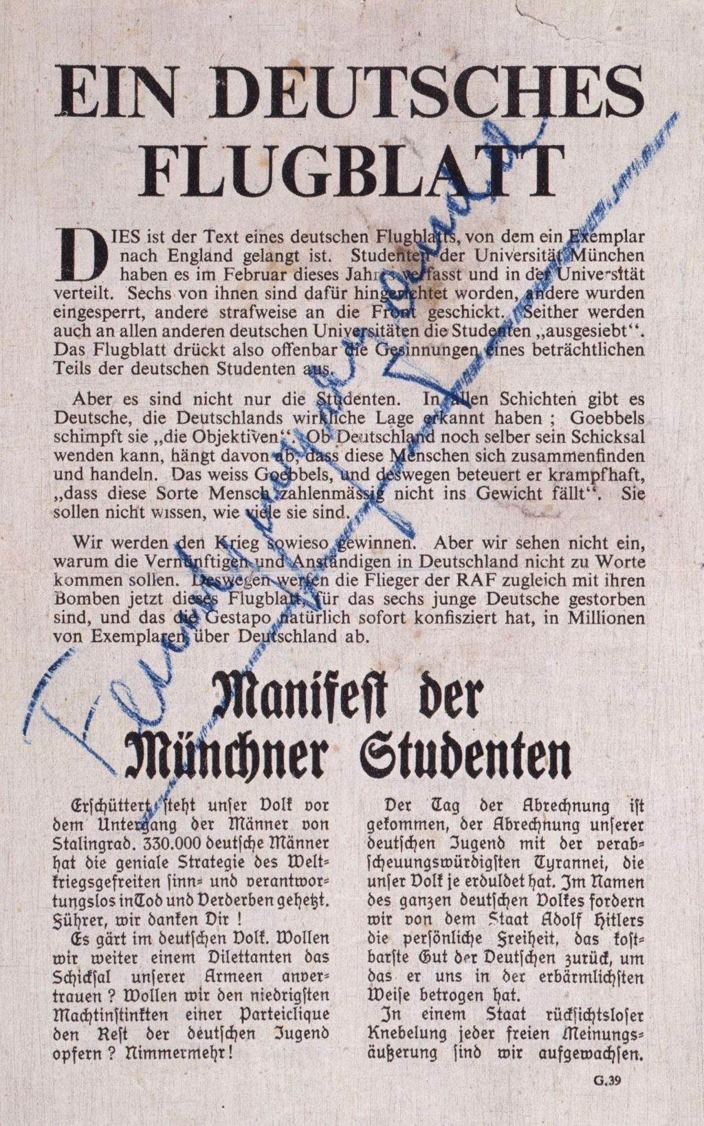 Flugblatt: BritischesAbwurfflugblatt, das Auszüge aus dem sechsten Flugblatt der "Weißen Rose" enthält, 1943