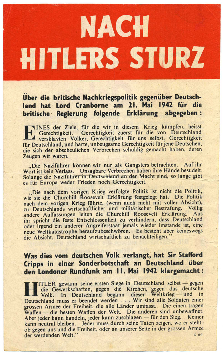 [Druckgut: Kriegsflugblatt der britischen Regierung für die deutsche Zivilbevölkerung mir Erklärung zu den Kriegszielen der westlichen Alliierten, 1942]