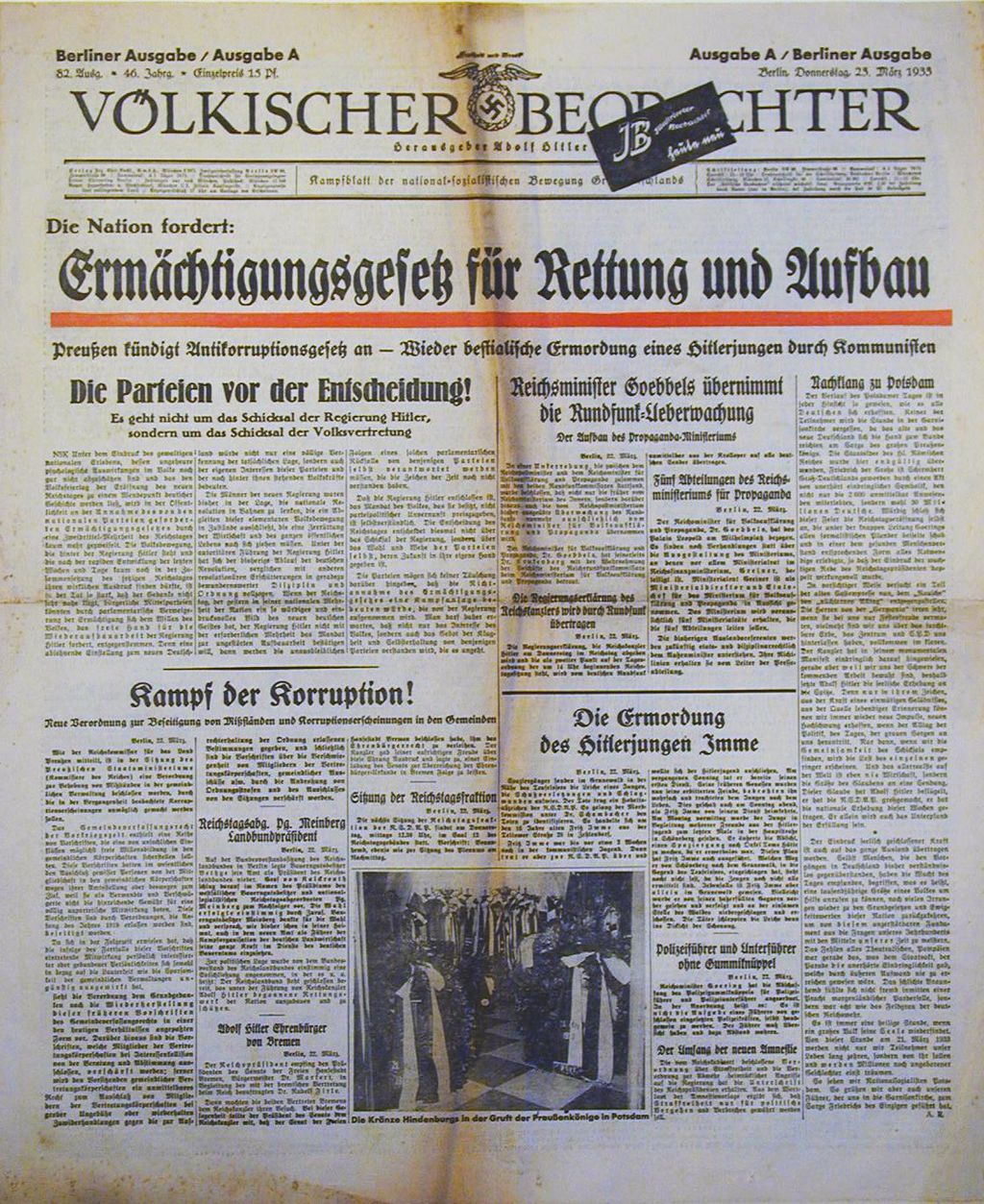 Zeitung: "Völkischer Beobachter" zum Ermächtigungsgesetz, 1933