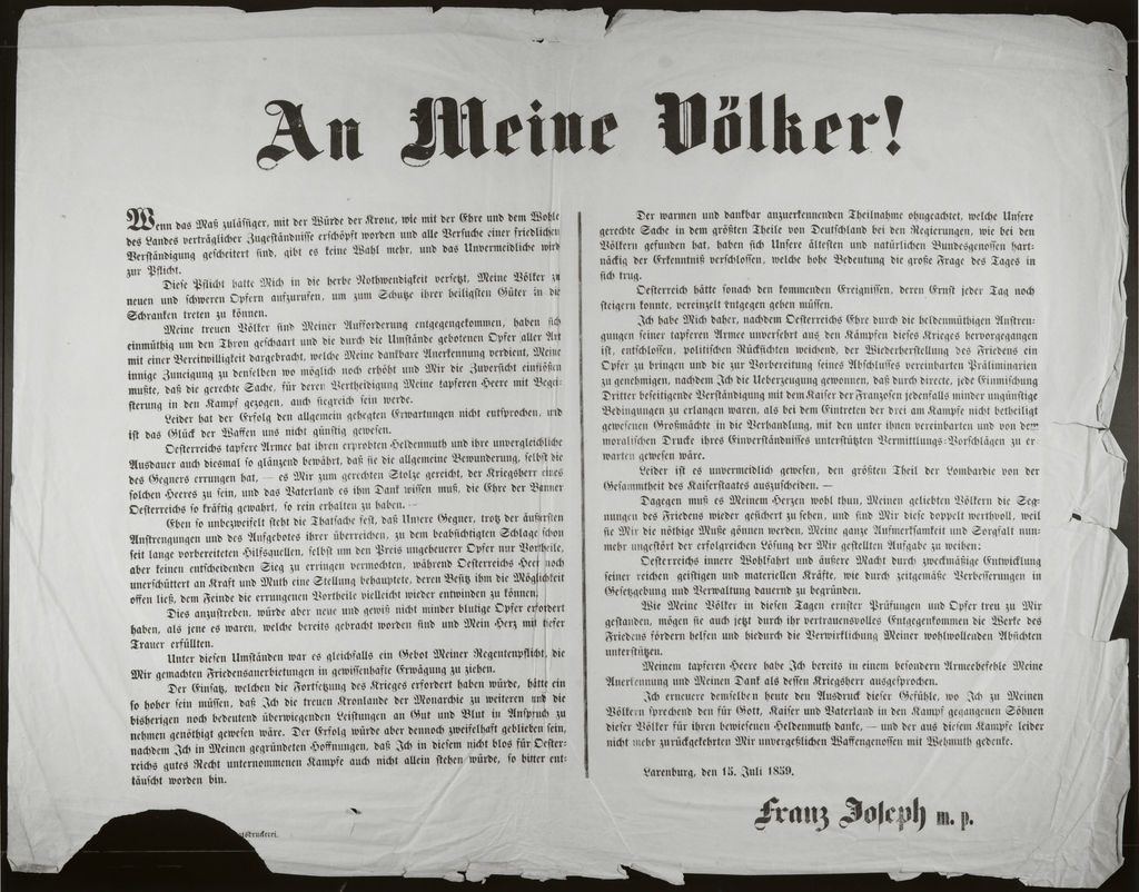 [Druckschrift: Bekanntmachung von Kaiser Franz Joseph I. über den am 11. Juli in Villafranca geschlossenen Waffenstillstand, 1859]