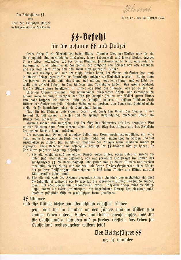 Befehl von Himmler an die SS und die Polizei zur "Aktion Lebensborn", 1939