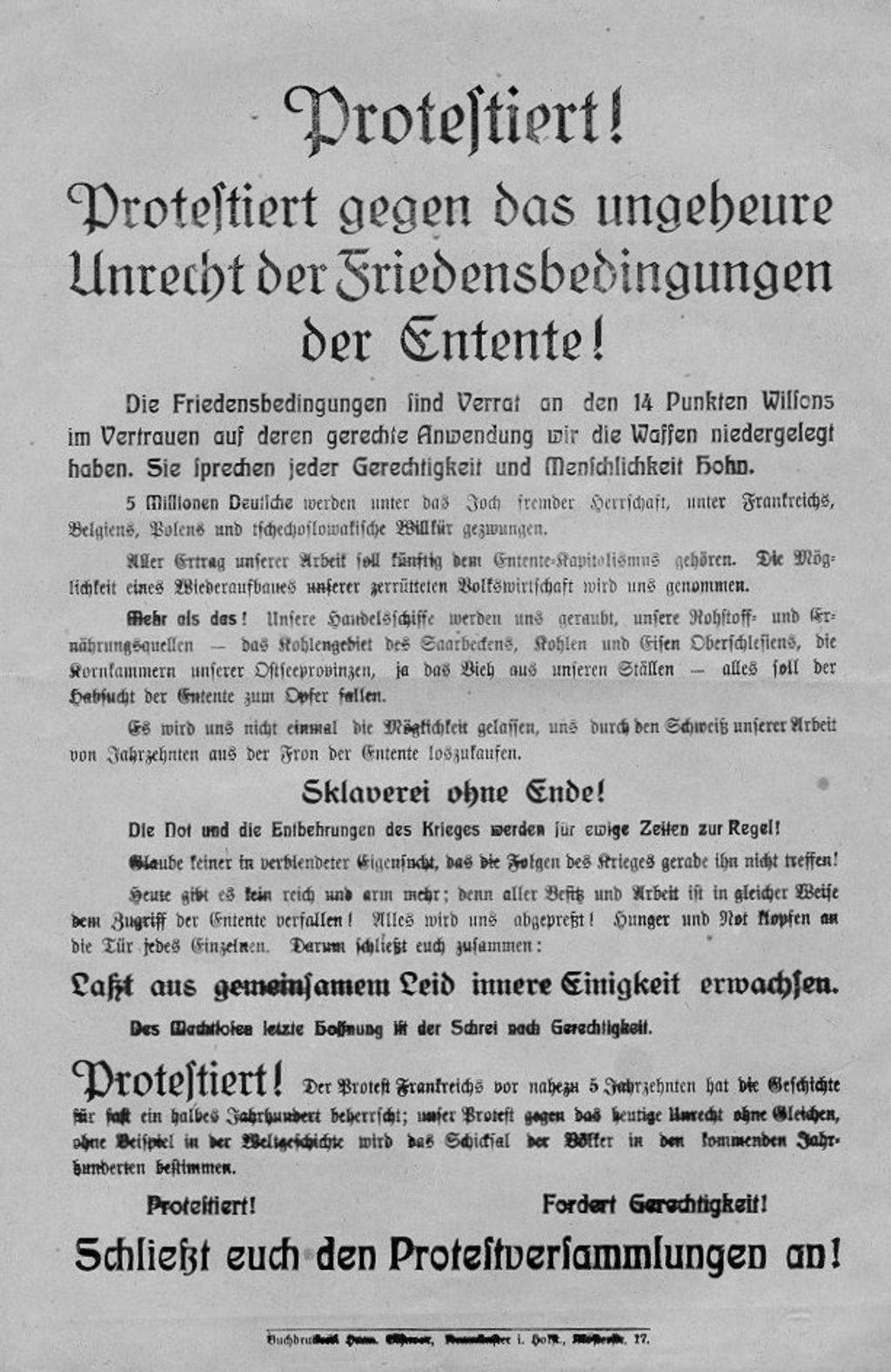Exponat: Flugblatt: Protest gegen die Bestimmungen des Versailler Vertrags, 1919