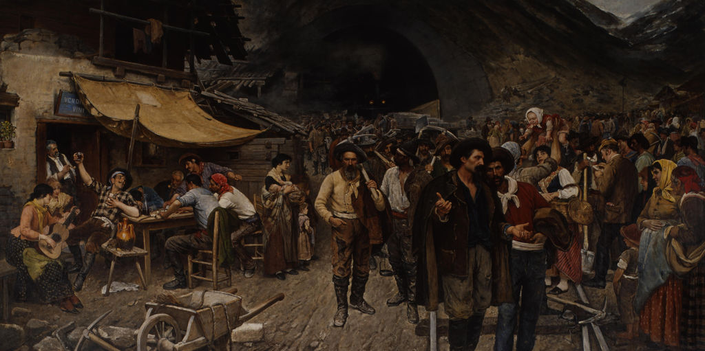 Gemälde: Schichtwechsel beim Bau des Gotthard-Tunnels, 1886