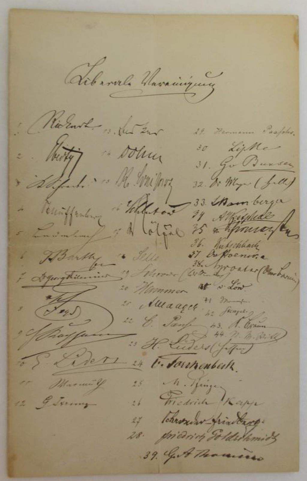 Exponat: Dokument: Anwesenheitsliste einer Sitzung der Liberalen Vereinigung, um 1881