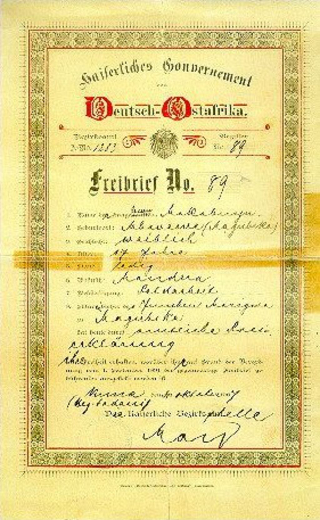 Exponat: Urkunde: Freilassung einer Sklavin, 1907