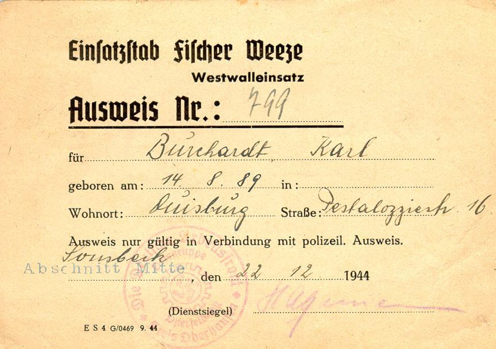 Exponat: Ausweis: Westwalleinsatz, 1944