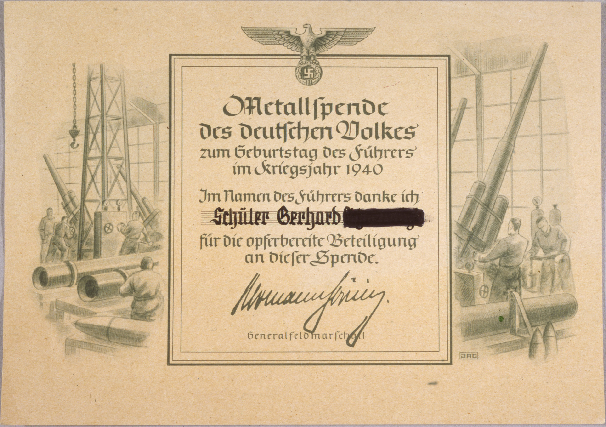 Dokument: Bescheinigung über Metallspende, 1940