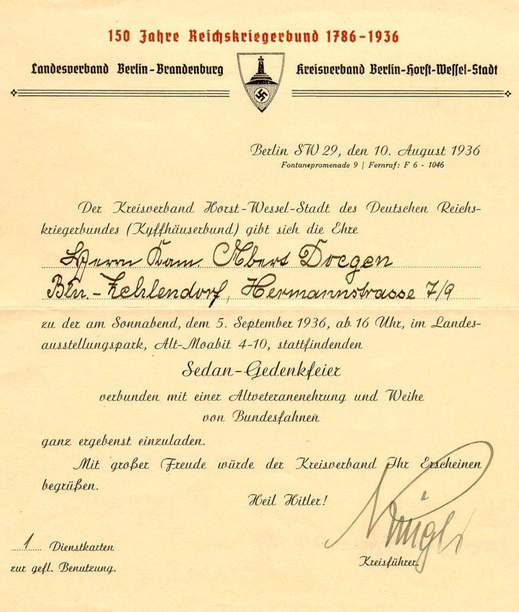 Dokument: Einladung zu einer "Sedan- Gedenkfeier", 1936