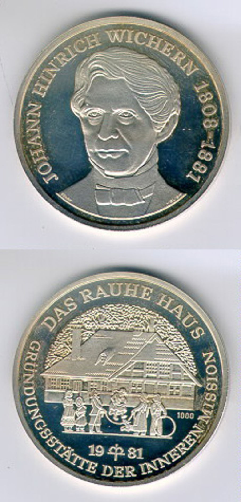 [Alltagskultur: Medaille mit einer Abbildung von Johann Hinrich Wichern und dem "Rauhen Haus", 1981]
