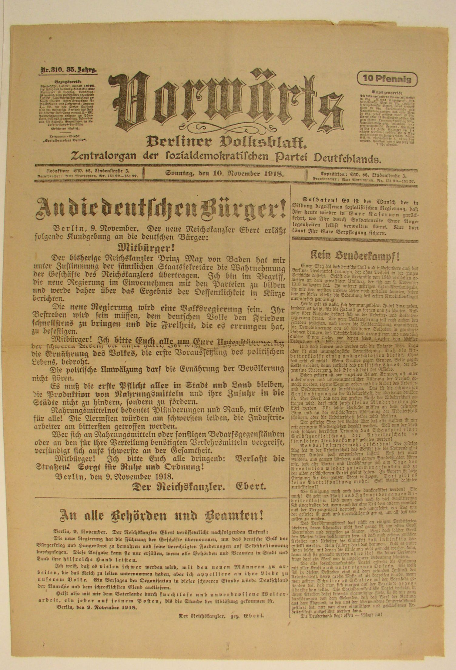 Vorwärts, 10. November 1918
