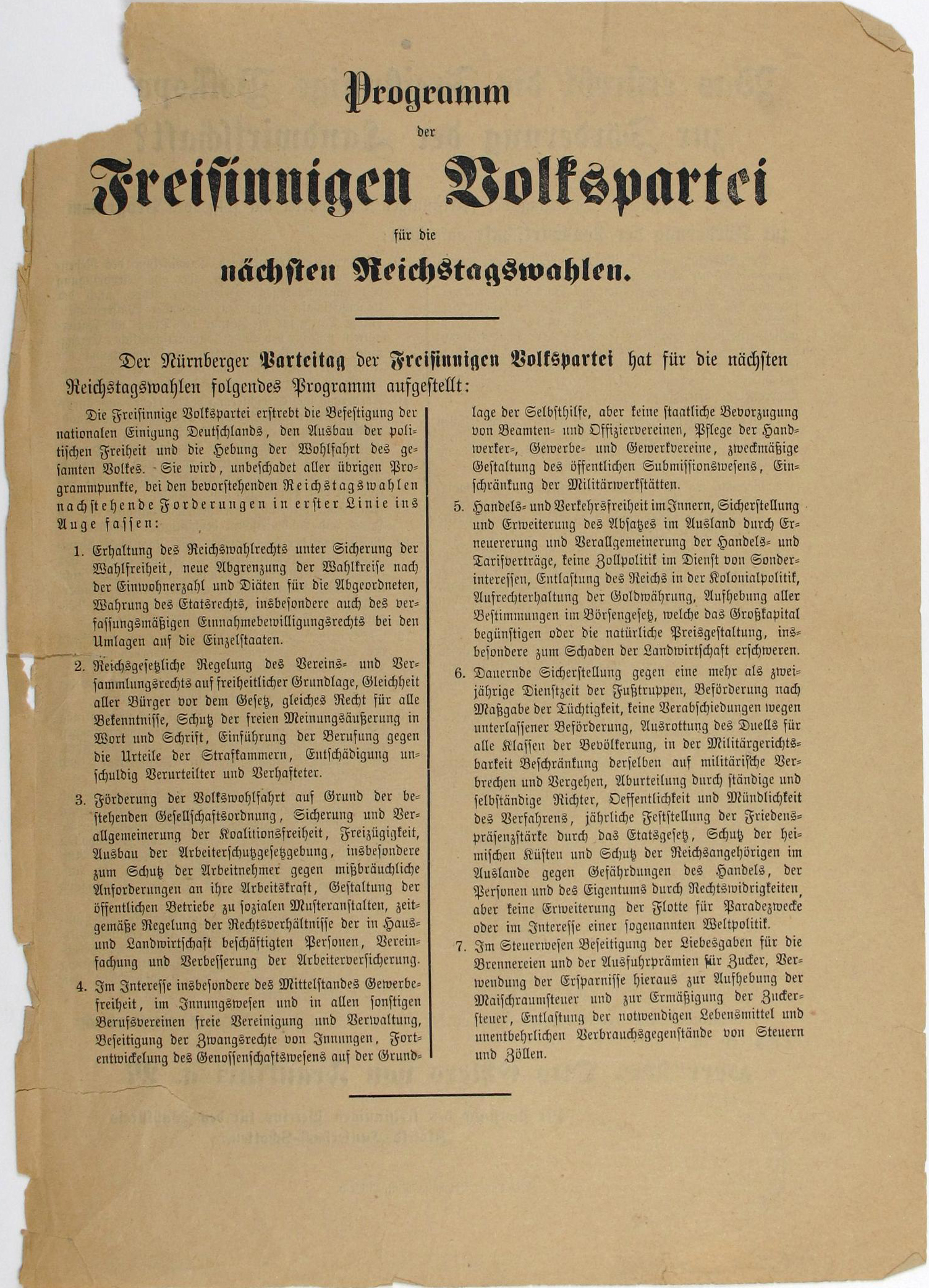 Flugblatt mit dem Wahlprogramm der 'Freisinnigen Volkspartei', 1898